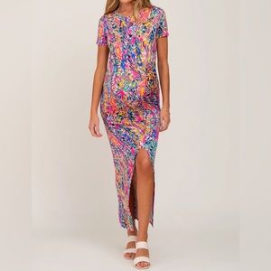 Fuchsia Multi-Color Floral Side Slit Maternity Maxi Dress